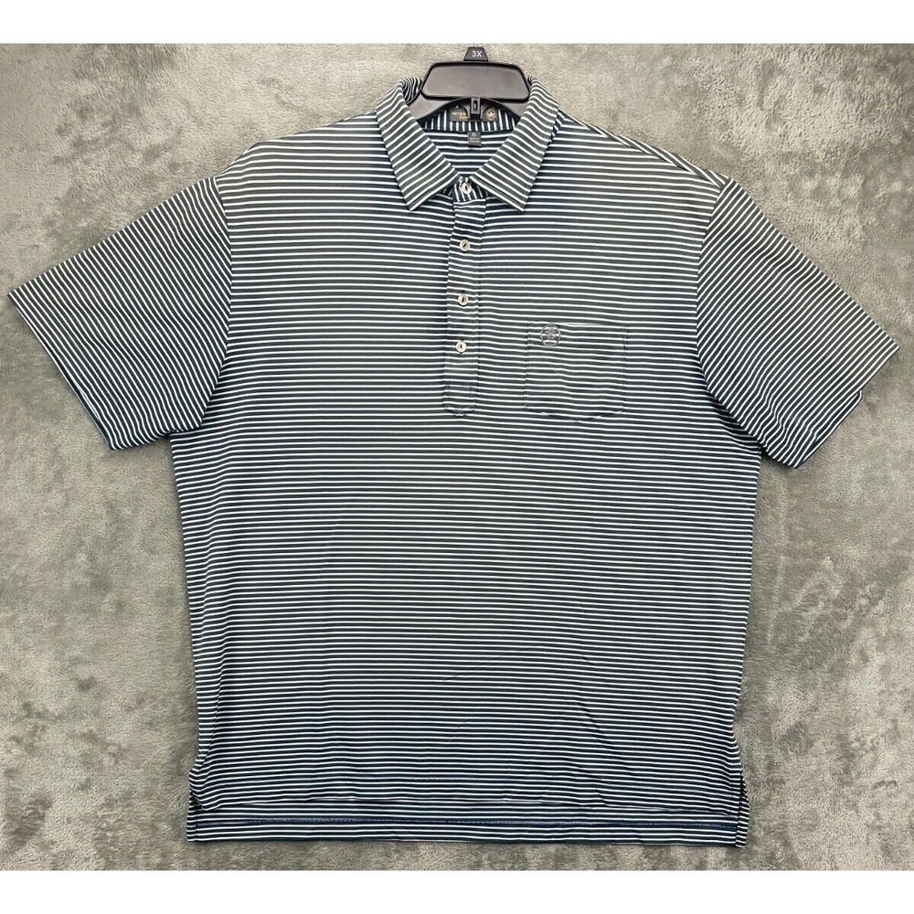 Peter Millar Men's Summer Comfort Polo Shirt XL Navy/White‎ Striped Pocket